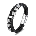 Bracelet double couche en cuir noir tressé pour hommes avec fermoir magnétique en acier argent - Fermoir Argent Perles Argent Double Couche