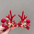 Detailed view of red felt reindeer antler hair clips with glitter ornaments and bows - 3# Christmas Hair Clip - Red Antler Red Bow Pair