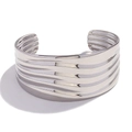 Minimalist silver multilayer wave stack open bangle in polished stainless steel finish - Exaggerated Multi-layer Wave Open Bangle - Steel Color