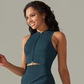 Peacock blue seamless ribbed yoga set featuring full-zip crop top and high waist leggings - Vest - Dark Green