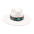 Cappello fedora bianco a tesa larga con ricamo floreale e pietra turchese in stile boho - Taglia unica / Bianco (Ricamo in Pelle Larga)