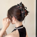 Elegant black satin hair claw clip with floral embroidery and golden fan tassel charm - Red Floral Embroidery Bow Claw Clip with Tassels