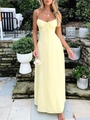 Elegant pale yellow midi dress with thin straps, sweetheart neckline, and corset bodice design - S / Yellow