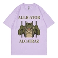 Short sleeve lavender T-shirt for women featuring a green alligator graphic and round neck - Lavender