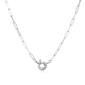 Detail of silver paperclip chain necklace with a round spring clasp on white background - Custom White Gold Necklace