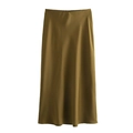 Elegant olive green satin midi skirt with high waist and smooth silk-like texture finish - Lemon Green
