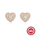 Elegant S925 sterling silver heart stud earrings with pink enamel and sparkling crystals - Gold Pink Enamel Heart with White Zircon