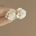 Elegant cream white layered flower stud earrings with a glossy pearl-like finish - Silver Earring Post - Yellow / Yellow