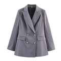 Dames grijs double-breasted blazer en broek set met piek revers op een witte achtergrond - XS / Grijze Blazer