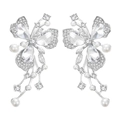 Elegant silver butterfly earrings with sparkling crystals and white pearls on white background - Stud Earrings / Silver