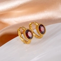 Vintage gold hoop earrings with faceted oval ruby red stones and ornate edging details - Oval Zircon / Red