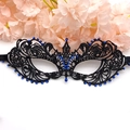 Elegant black lace masquerade eye mask with shiny blue rhinestones and silk ribbons - Black With Blue Rhinestone