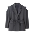 Dettaglio blazer da donna grigio scuro con spalline imbottite e cintura in vita coordinata - S / Grigio
