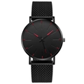 Orologio al quarzo ultrasottile minimalista con quadrante nero e cinturino in maglia - Cinturino Nero Cassa Nera Quadrante Nero Indici Rossi