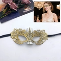 Elegant gold hollow lace masquerade mask with black ribbon ties for party events - Pointed Toe Small