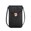 Vertical black faux leather crossbody phone bag with rose gold round push lock - Black