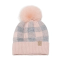 Close-up of pink checkered knit beanie with faux fur pom and maple leaf leather patch - M (56-58cm) / Pink