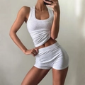 Women's light grey ribbed knit two-piece yoga set with crop tank top and high waist shorts - S / Mottled Grey