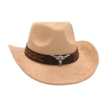 Khaki faux suede western cowboy hat featuring a silver bull head metal ornament - Camel