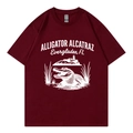 Burgundy round neck cotton T-shirt featuring white Alligator Alcatraz graphic print - Burgundy