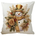 Funda de cojín navideña con muñeco de nieve, sombrero dorado y ramas de pino - 45x45cm Lino Una Sola Cara Sin Relleno / Beige-Muñeco de Nieve Dorado