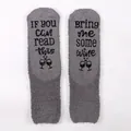 Gray coral fleece socks with anti-slip wine letters 'Bring me some wine' on the soles - One Size / Dark Grey + Black Glue