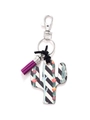 Detailed view of cactus wood keychain with black stripes and purple tassel charm - Black White Diagonal Stripe Floral Cactus/Purple Tassel