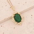 Luxurious gold necklace featuring a green emerald zircon pendant in a floral setting - Oval Green Gemstone Flower Leaf Base Necklace (9#)