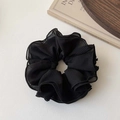 Classic black 4-layer striped fabric scrunchie with textured chiffon finish - Black High Elastic 4-Layer