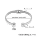 Silver stainless steel C-shaped hinge bracelet with pavé-set zircons on cylindrical ends - Steel Color Bangle (Z099)