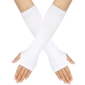 Solid white knit fingerless long arm warmers with thumb hole and ribbed cuffs - One Size / Pure White