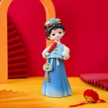 Ancient style girl figurine in blue and yellow hanfu holding red hawthorn candy - Small Figurine with Candied Haws (B145)