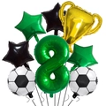 Soccer championship party set with green number 8, golden trophy, and football foil balloons - Number 8 Style
