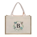 Linen and jute tote bag with floral letter B print and natural texture details - Butterfly Floral Letter B
