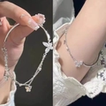Silver bracelet with sparkling zircon butterfly and mixed chain design for women - S409 Silver