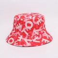 Red and pink fisherman hat featuring love letter graffiti print and sun protection - Red Pink Patchwork All-over Letter Style