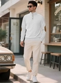 White men's stand collar knitted shirt with contrasting brown elbow patches - 4XL / White