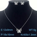 Silver hollow butterfly jewelry set with shell pearl details on a black model neck - 2-Piece Set (Necklace+Earrings) / Steel