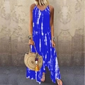 Women casual tie-dye long maxi dress in blue and white with side split and pockets - 4XL / Blue