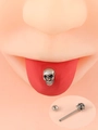 Gothic silver skull tongue piercer stud with a threaded barbell and round bead back - Skull Shaped Tongue Ring (wg-0062) / Antique Silver
