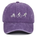 Close-up of embroidered triathlon icons on a purple vintage washed cotton baseball cap - Adjustable / Purple