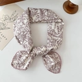 Beige floral cotton linen neck scarf with red flower pattern tied in a knot - Ink Line Light Pink