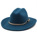 Classic dark blue wide brim wool fedora hat with tan leather band and gold metal buckle - M(56-58cm) / Teal