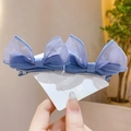 Pair of light blue mesh butterfly hair clips for girls with shiny organza fabric finish - 1 Pair Pack / Blue