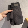 Detailed macro view of dark grey knitted mittens featuring a classic brown leather label - One Size / Dark Gray