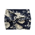 Bohemian wide knotted headband with elegant white floral print on dark blue fabric - Navy Floral