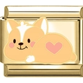 Close-up of golden stainless steel link with a cute Corgi and pink heart detail - 1948 - All Golden Dog