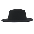 Close-up of a black wool felt flat top boater hat with a wide brim on white background - M (56-58cm) / Black