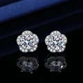 Classic silver flower stud earrings with a large Moissanite center and halo stones - Flower Earrings Led-57