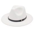 Detail of white wool fedora hat featuring black belt with metal rivets and gold buckle - M (56-58cm) / White